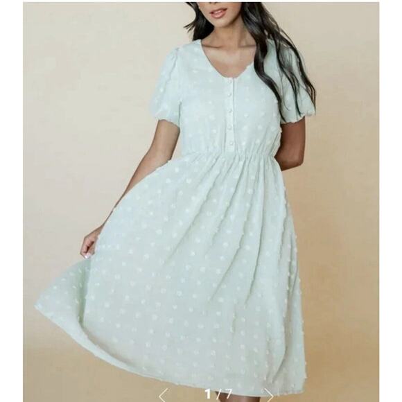 Baltic Born Sz S Mint Green Puffed Slv Btn Front Elastic Waist Mila Swiss Dot - Picture 1 of 12